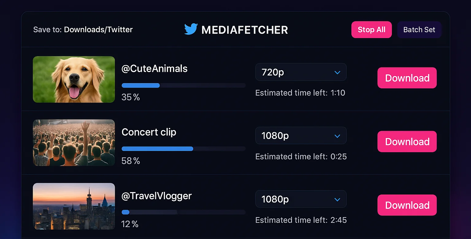 Batch download interface showing multiple Twitter videos being downloaded simultaneously with progress indicators and queue management