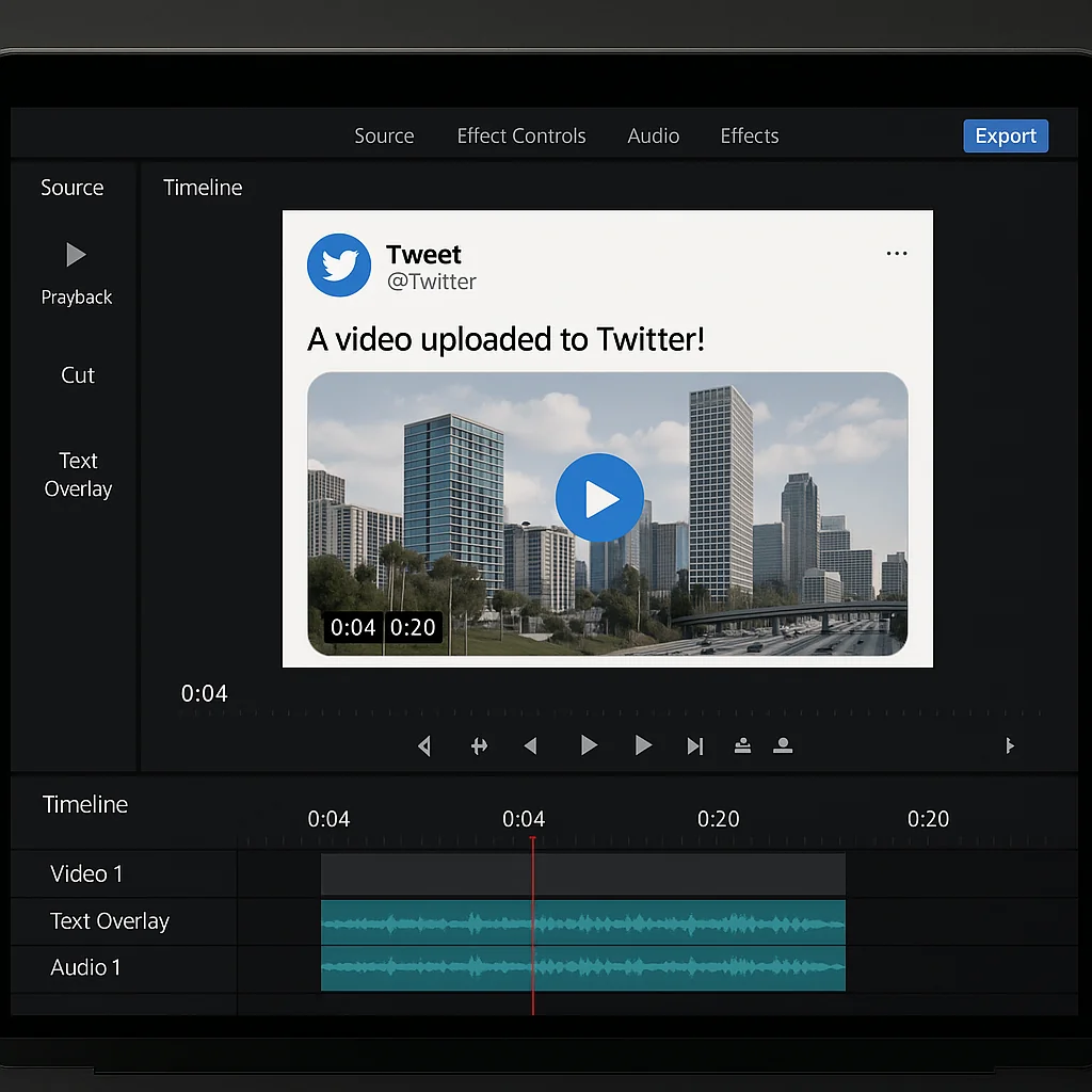 Content creator workspace with video editing tools and Twitter videos being prepared for creative projects