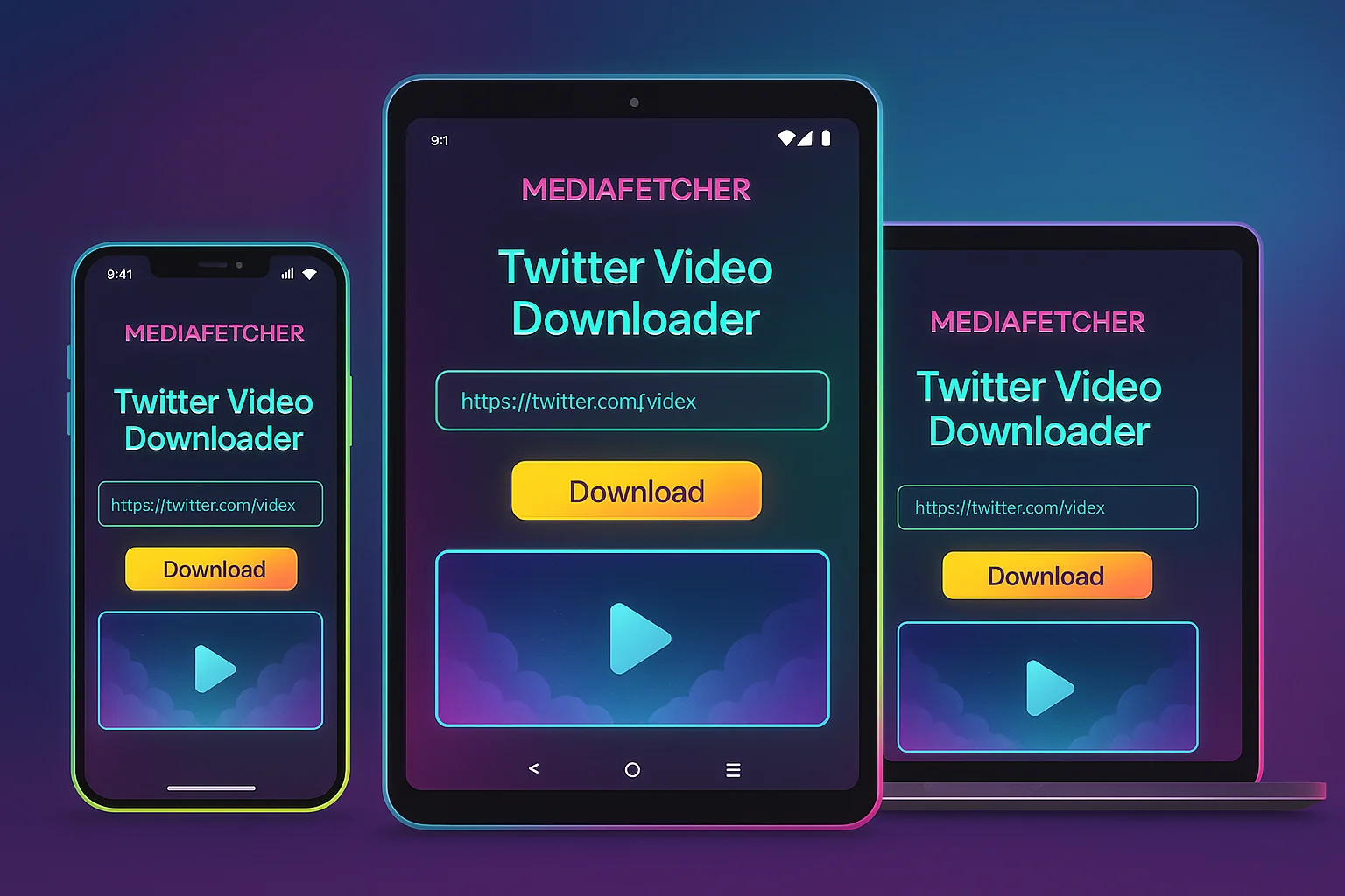 Multiple devices showing Windows, Mac, iOS, and Android interfaces demonstrating cross-platform Twitter video downloader compatibility
