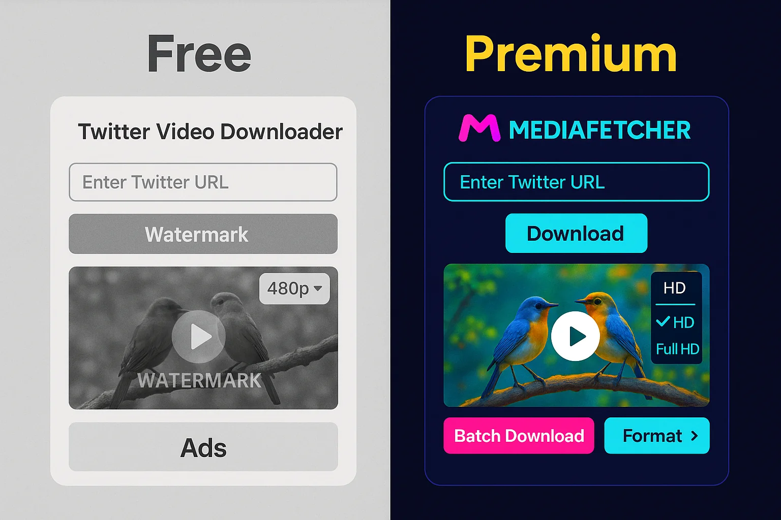 Side-by-side comparison chart showing features and benefits of free versus premium Twitter video downloaders