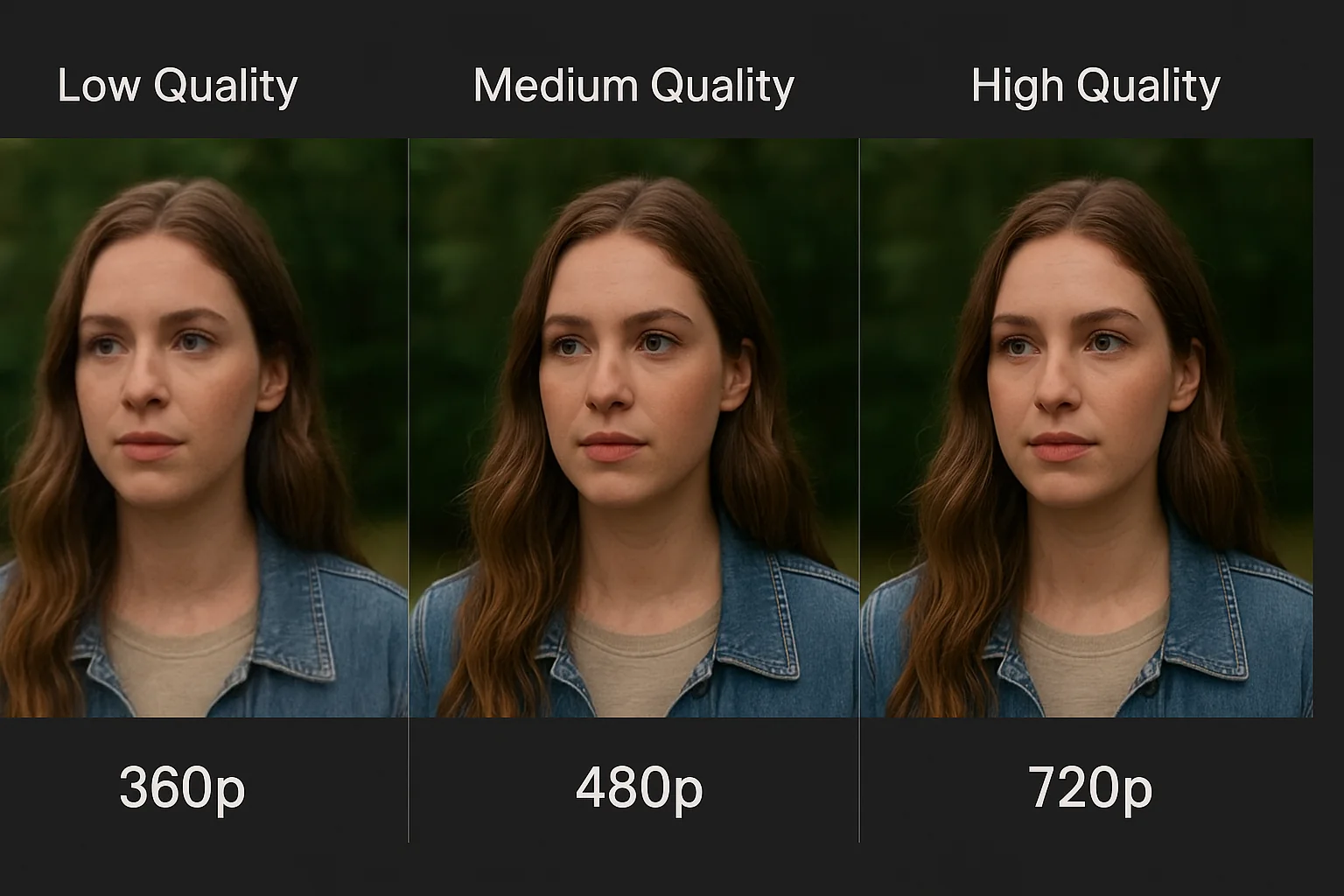 Three-panel comparison showing the same Twitter video frame in low quality (pixelated and blurry), medium quality (moderate detail), and high quality (crisp and clear), demonstrating visible differences in detail retention and clarity