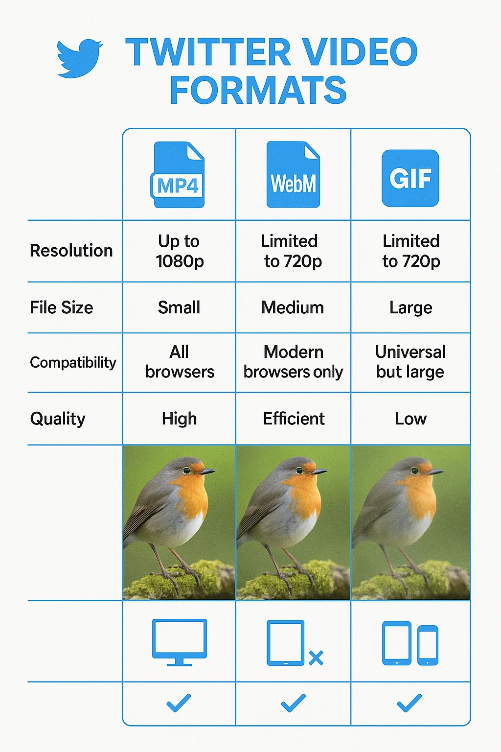 Technical diagram showing different Twitter video formats with specifications and compatibility information