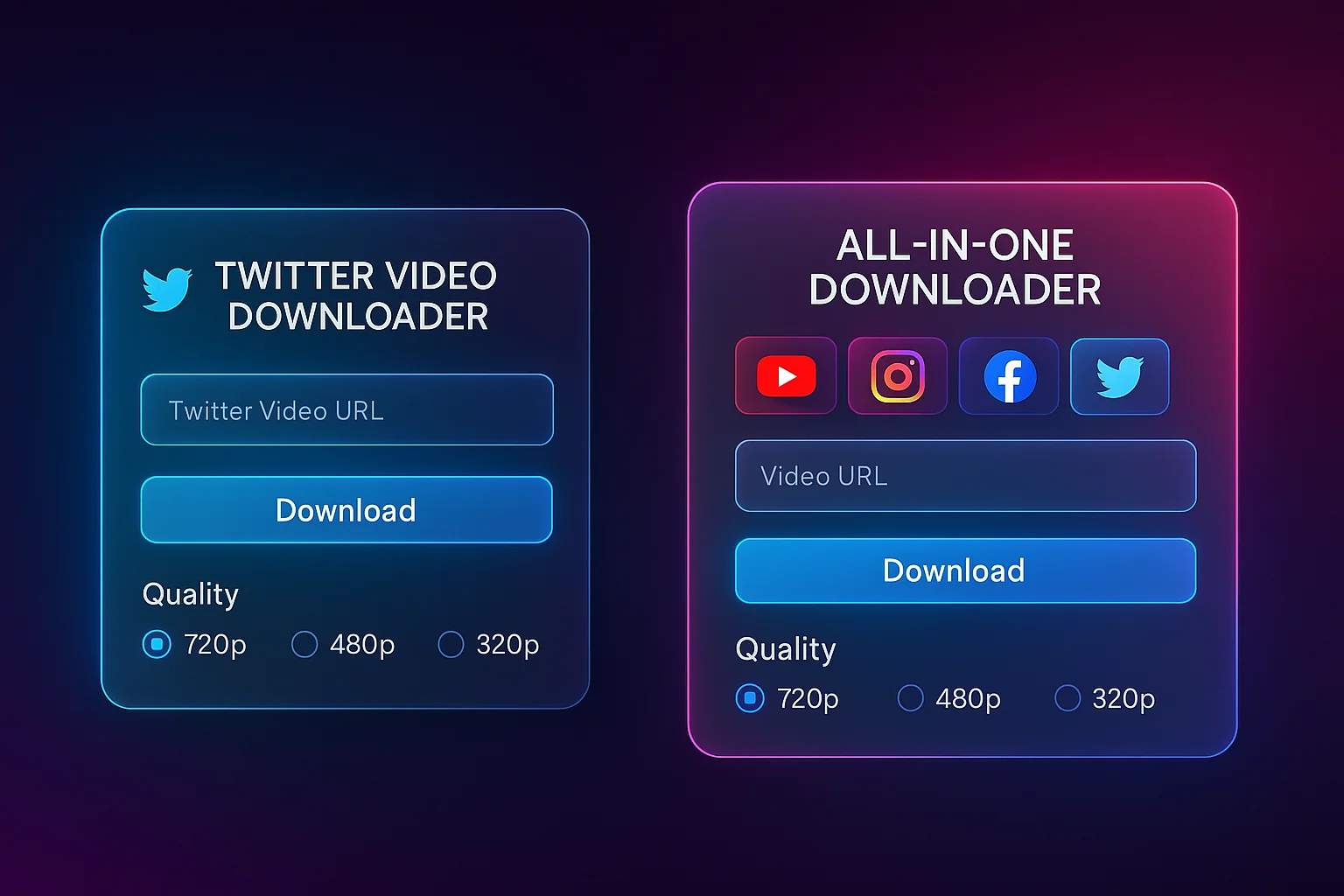 Comparison illustration showing specialized Twitter downloader versus all-in-one social media downloader with multiple platform icons Comparison illustration showing specialized Twitter downloader versus all-in-one social media downloader with multiple platform icons