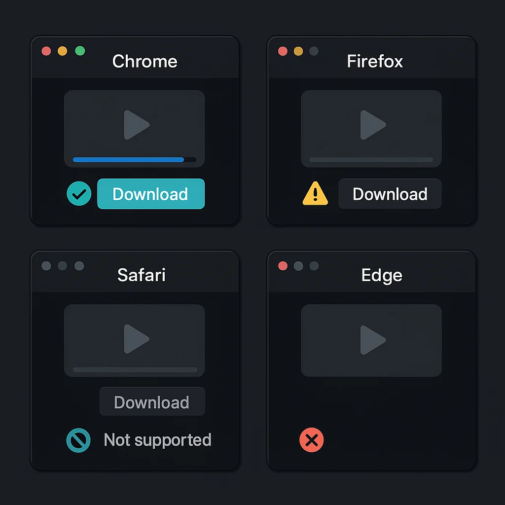 Multiple web browsers showing Twitter video download compatibility issues
