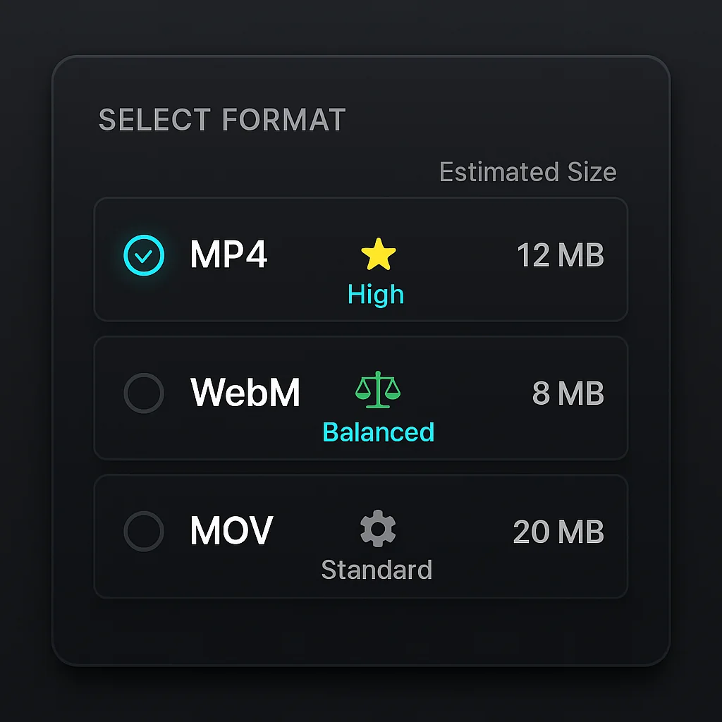 MediaFetcher format selection interface showing quality options