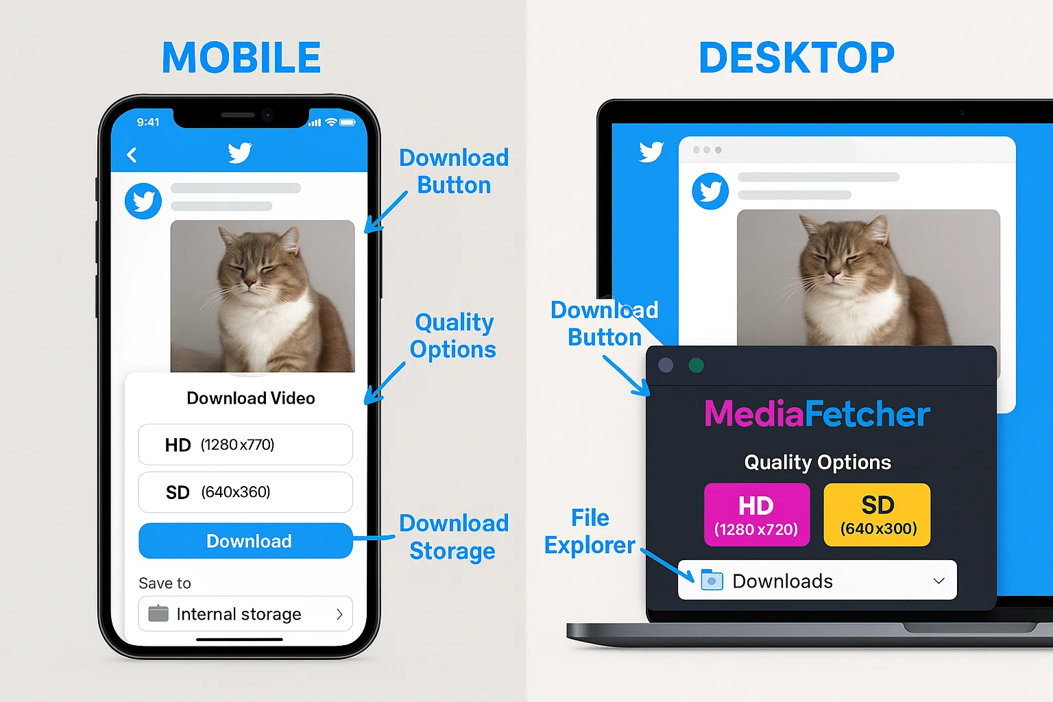Side-by-side comparison illustration showing mobile device and desktop computer with Twitter video download interfaces and performance metrics