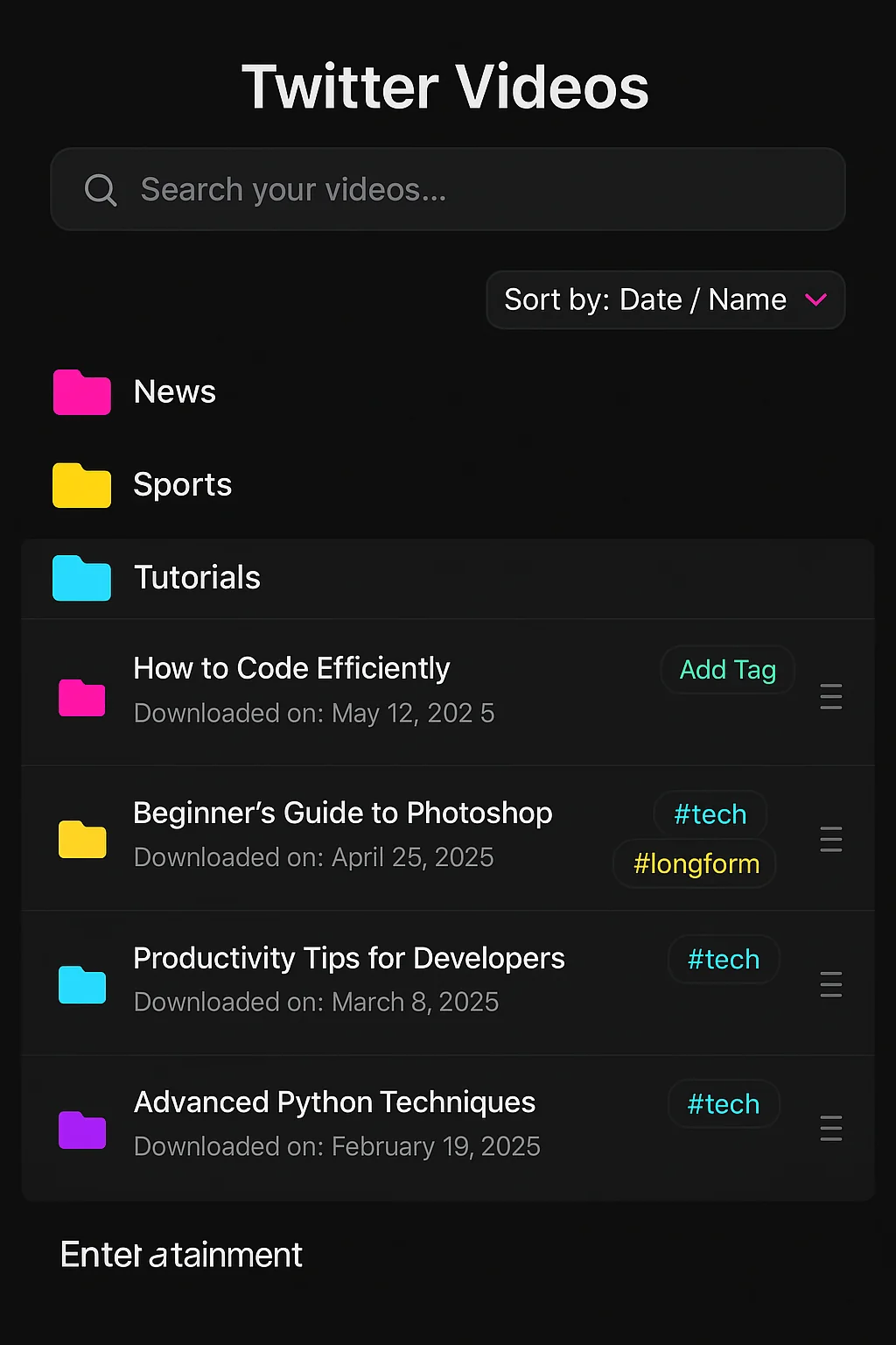 Screenshot of a well-organized computer file system showing Twitter videos sorted into clearly labeled folders by topic, date, and creator with consistent naming conventions